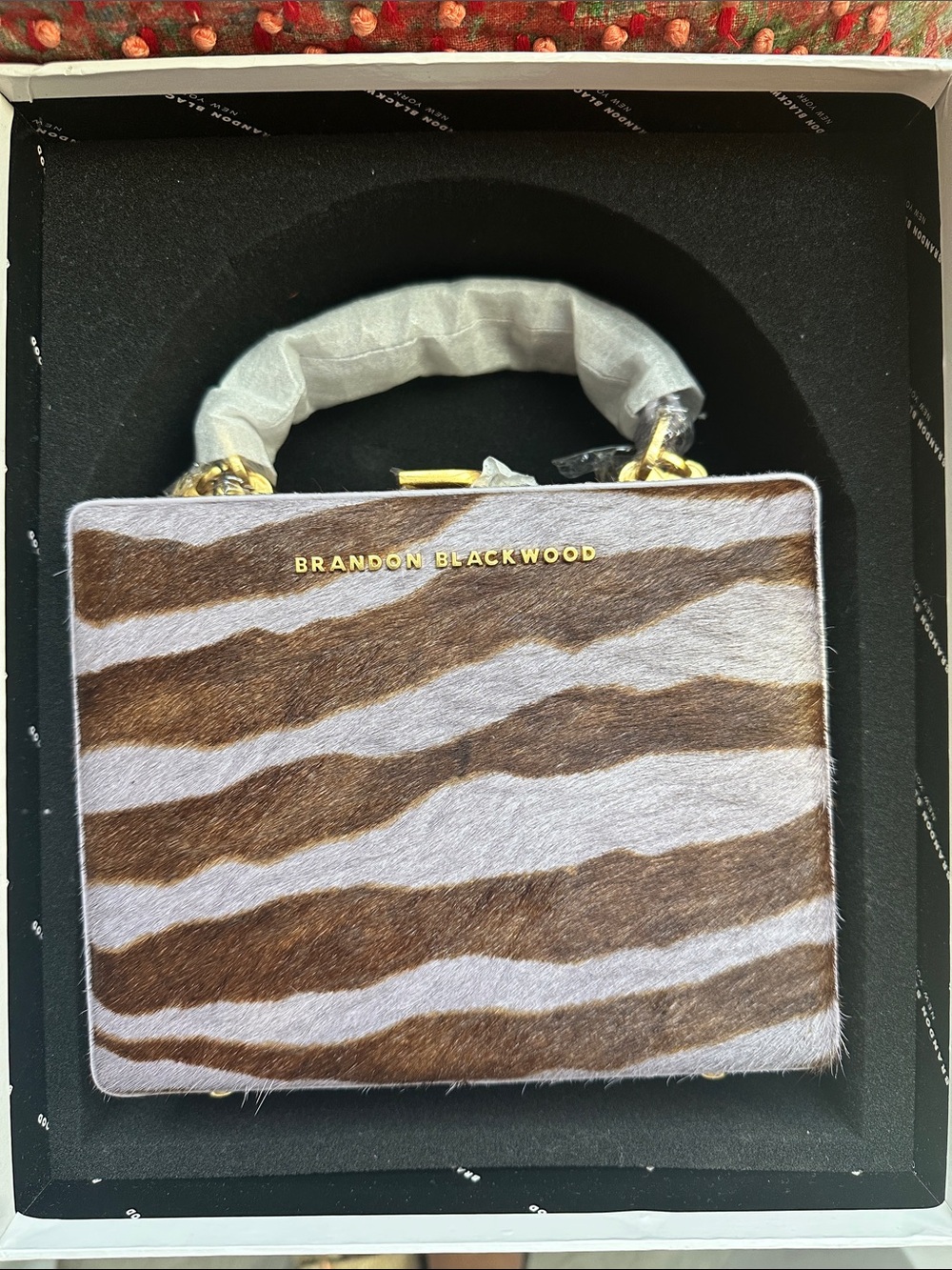 NWT: Brandon Blackwood Zebra Brown and Purple Haircalf Pony Hair Top-Handle Bag